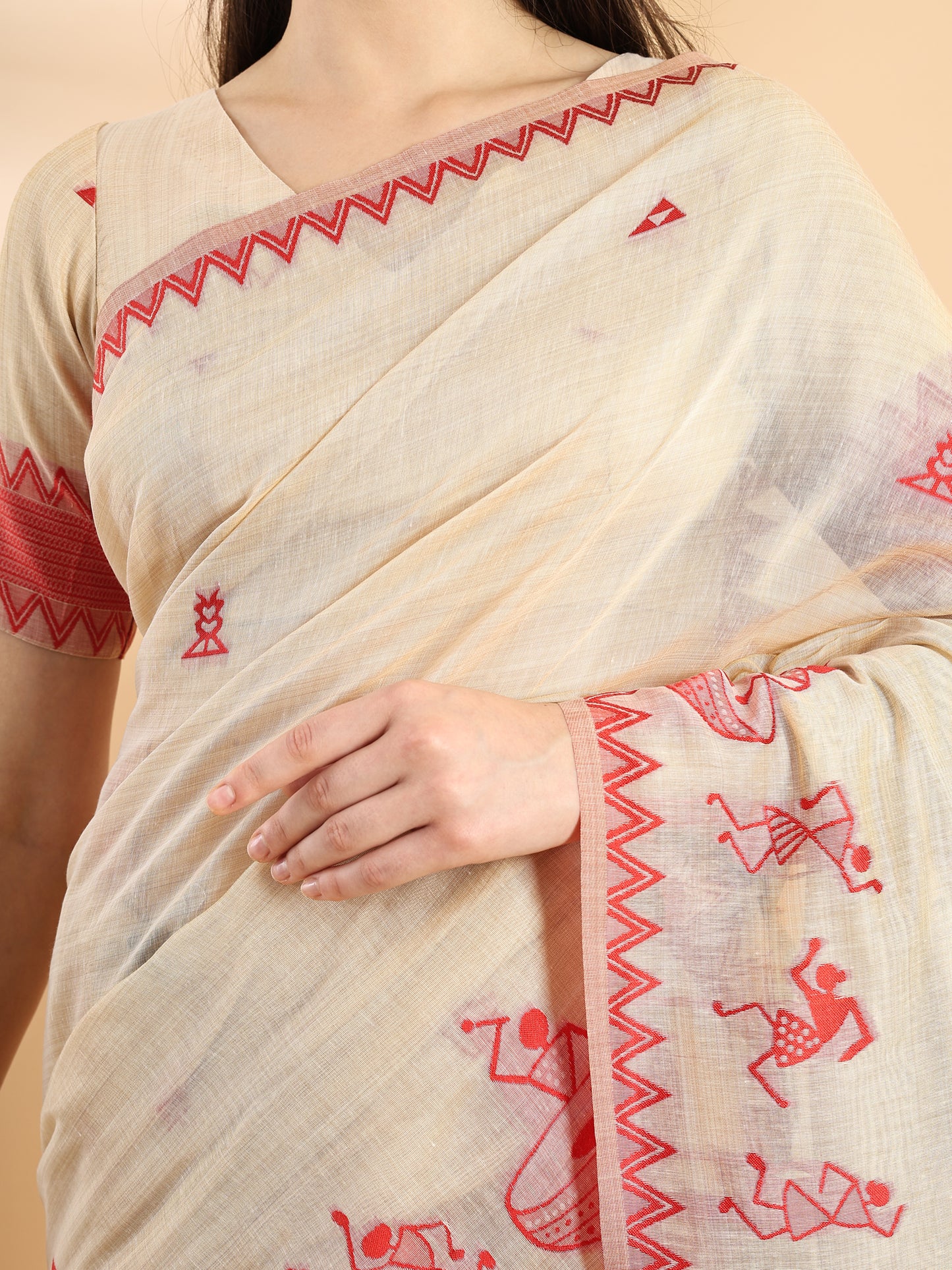 Beige & Red Handloom Jamdani Warli Saree