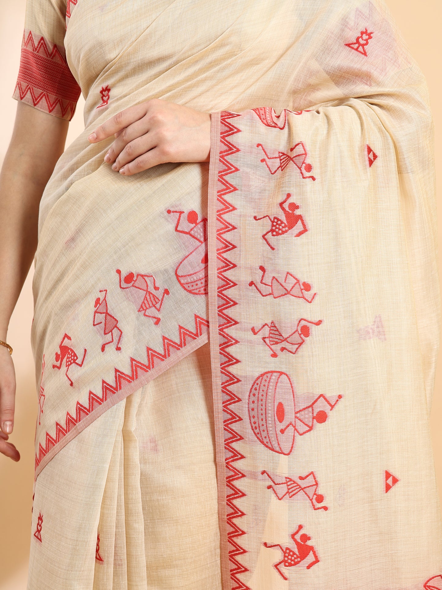 Beige & Red Handloom Jamdani Warli Saree