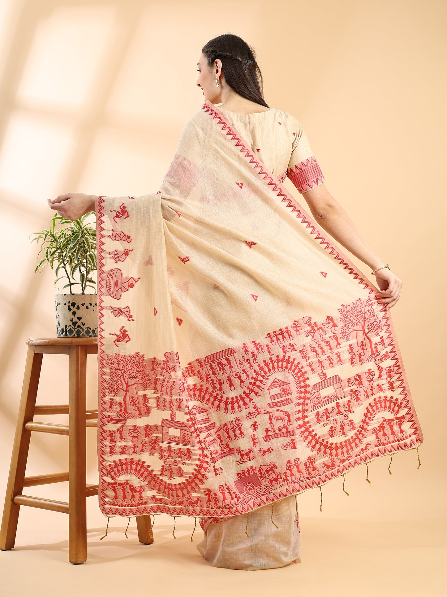 Beige & Red Handloom Jamdani Warli Saree