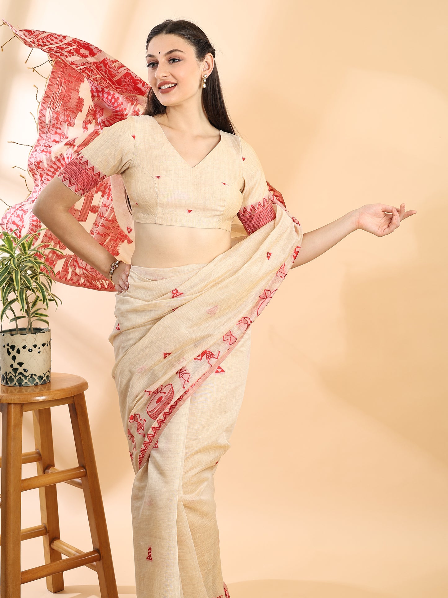 Beige & Red Handloom Jamdani Warli Saree