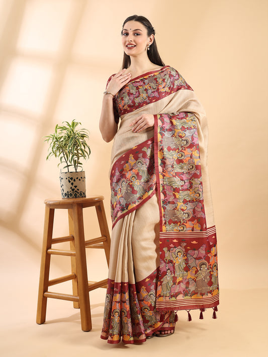 Beige Semi Tussar Saree with Kalamkari Printed Border and Pallu