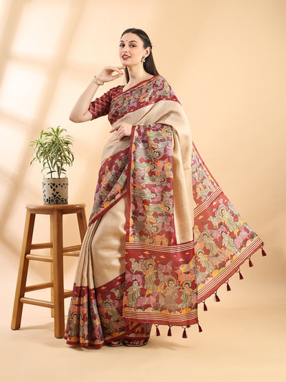 Beige & Red Semi Tussar Kalamkari Saree