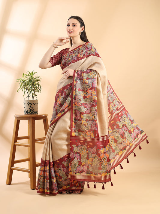 Beige Semi Tussar Saree with Kalamkari Printed Border and Pallu