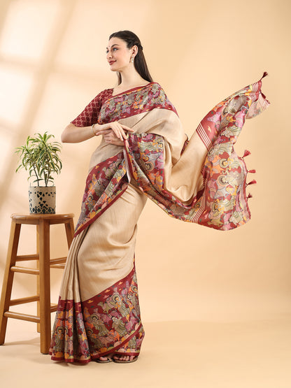 Beige & Red Semi Tussar Kalamkari Saree