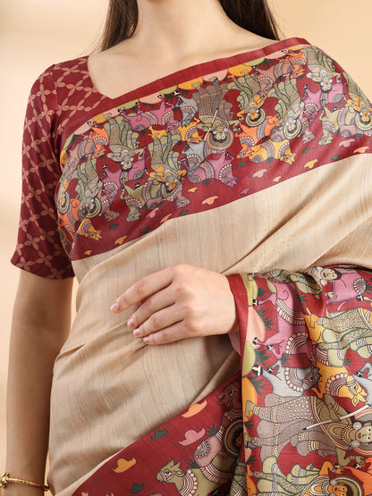Beige & Red Semi Tussar Kalamkari Saree