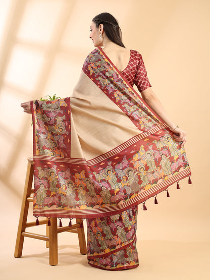 Beige & Red Semi Tussar Kalamkari Saree