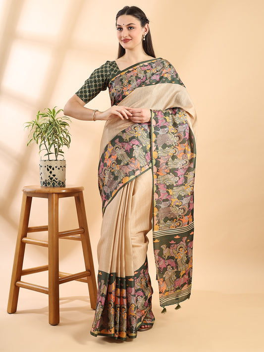 Beige Green Semi Tussar Saree with Kalamkari Printed Border and Madhubani Pallu