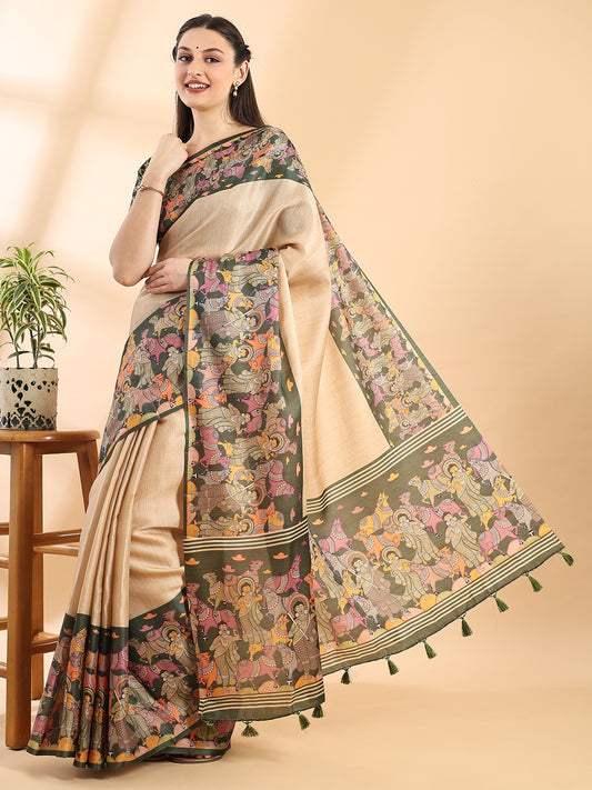 Beige Green Semi Tussar Saree with Kalamkari Printed Border and Madhubani Pallu