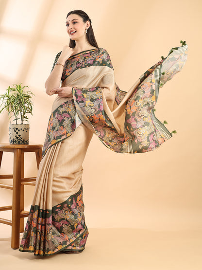 Beige & Green Tussar Kalamkari Saree