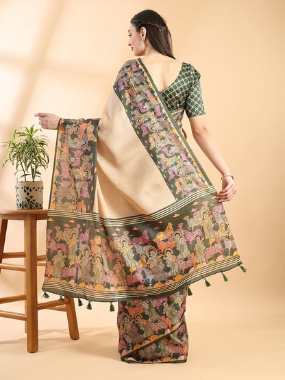 Beige & Green Tussar Kalamkari Saree