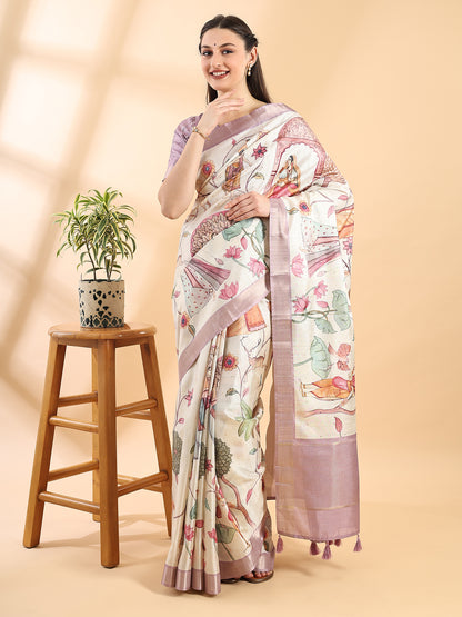 Ivory Semi Tussar Kalamkari Saree