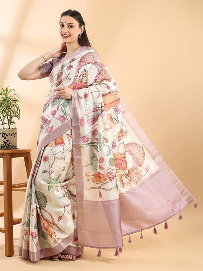 Ivory Semi Tussar Kalamkari Saree