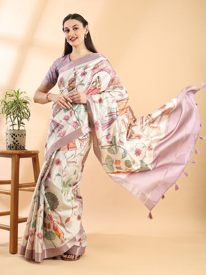 Ivory Semi Tussar Kalamkari Saree