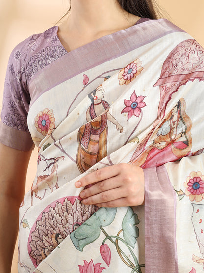 Ivory Semi Tussar Kalamkari Saree