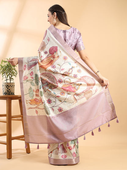 Ivory Semi Tussar Kalamkari Saree