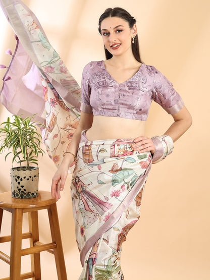 Ivory Semi Tussar Kalamkari Saree
