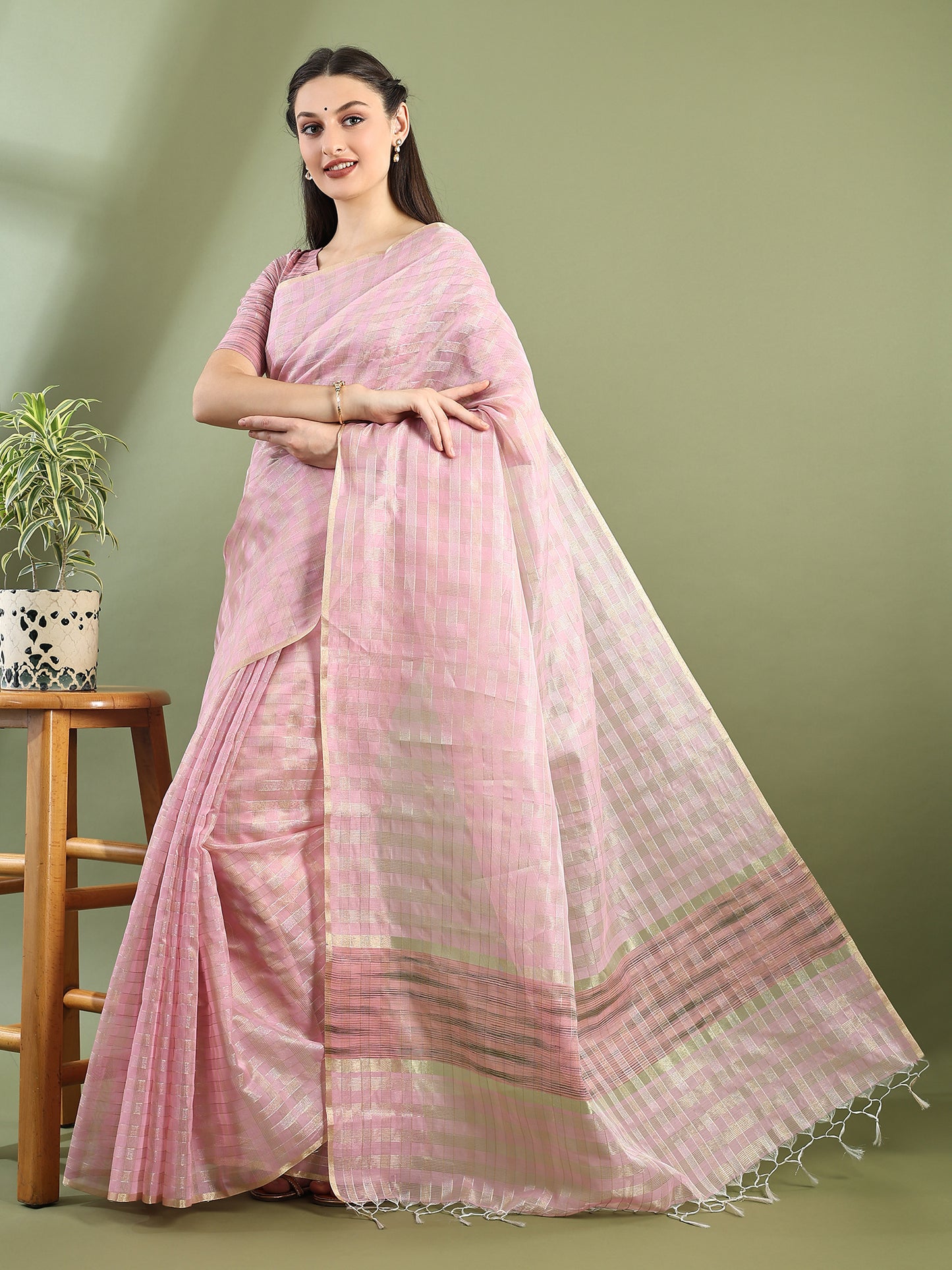 Pink Chanderi Silk Zari Checked Saree