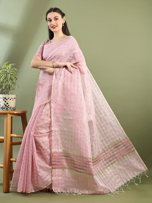 Pink Chanderi Silk Zari Checked Saree