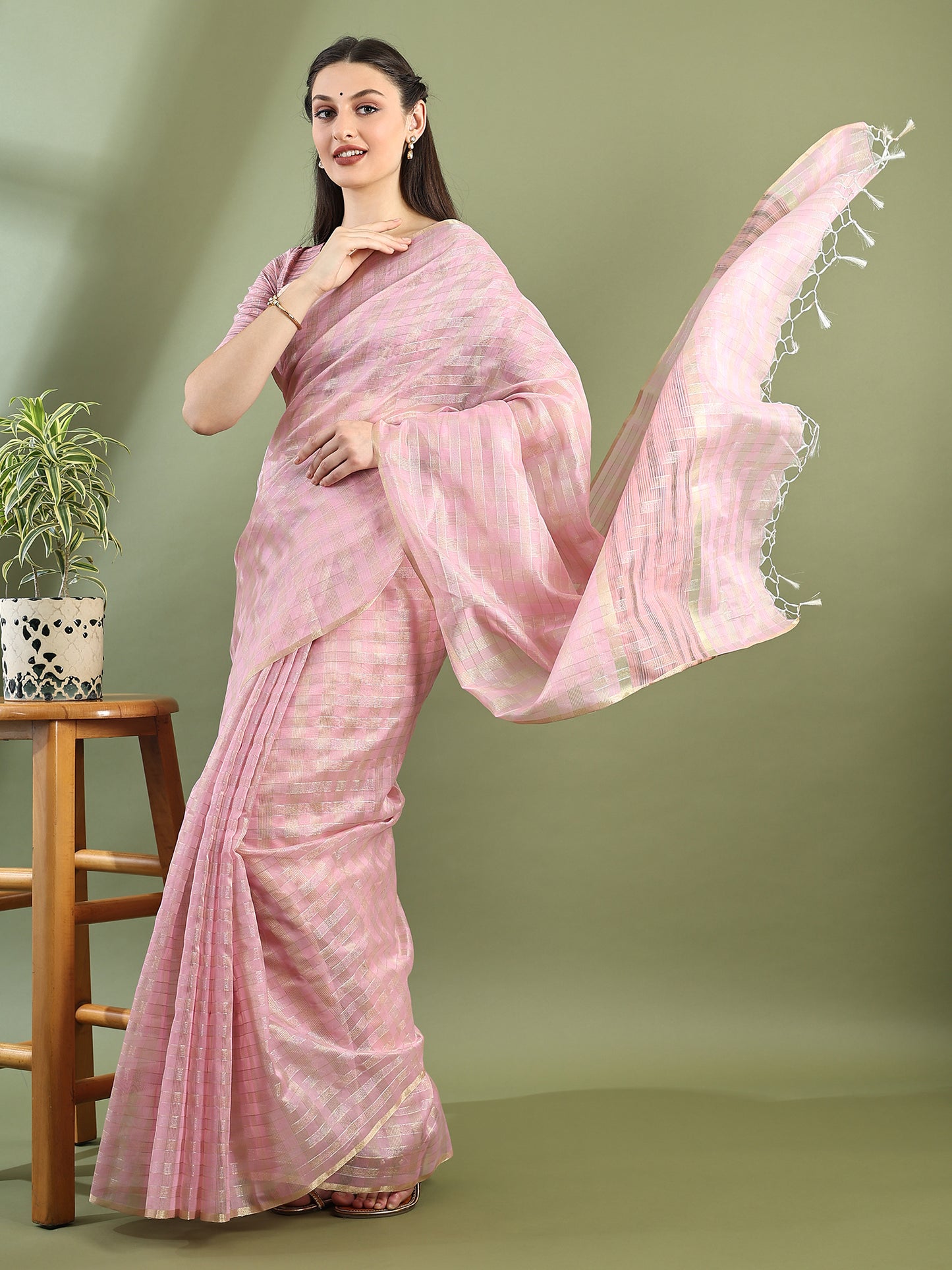 Pink Chanderi Silk Zari Checked Saree