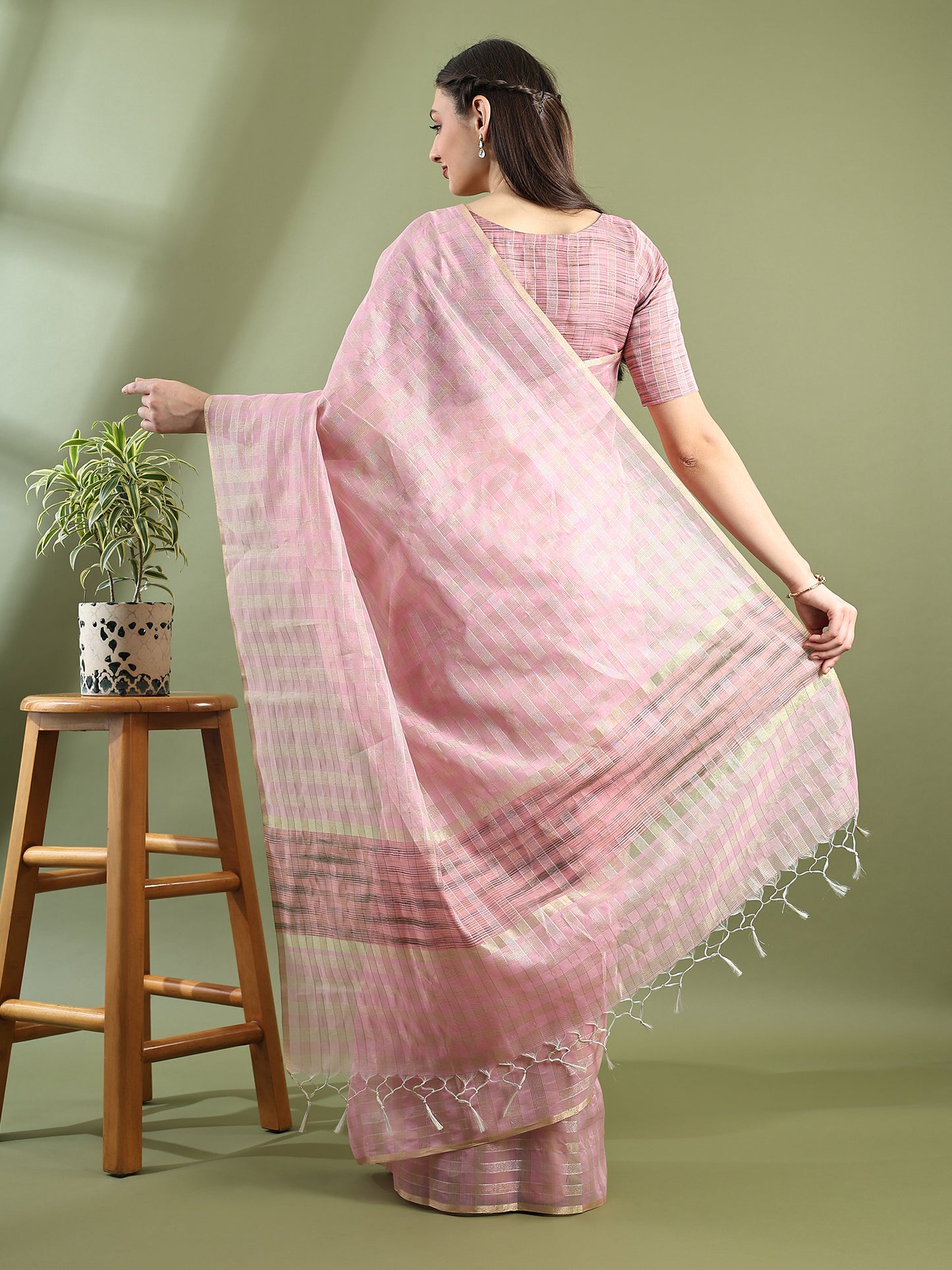 Pink Chanderi Silk Zari Checked Saree