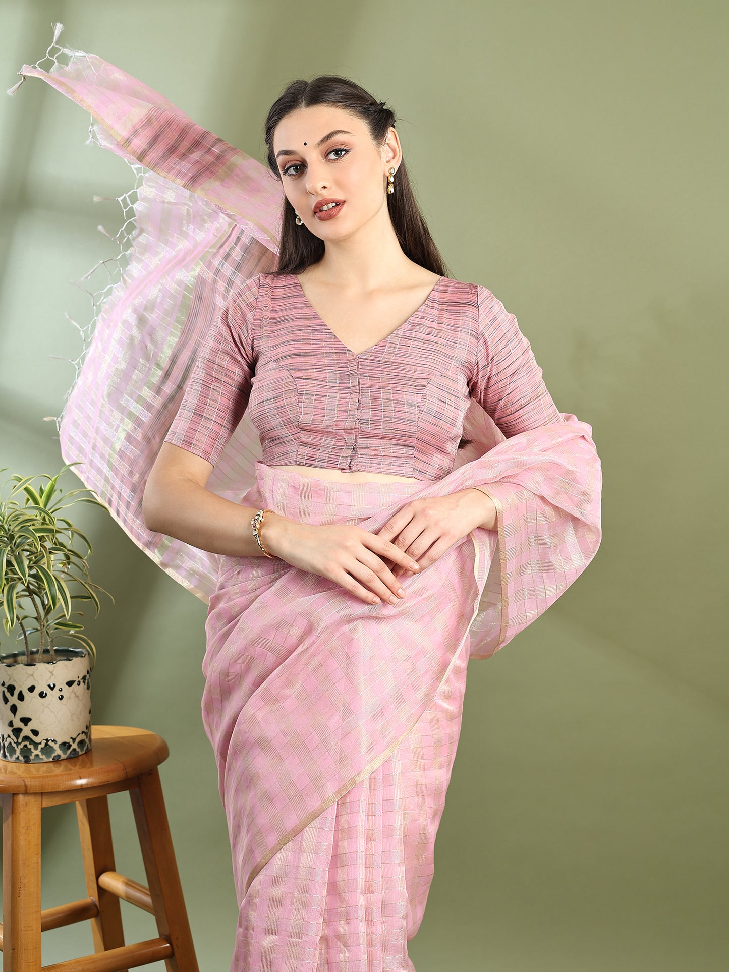 Pink Chanderi Silk Zari Checked Saree