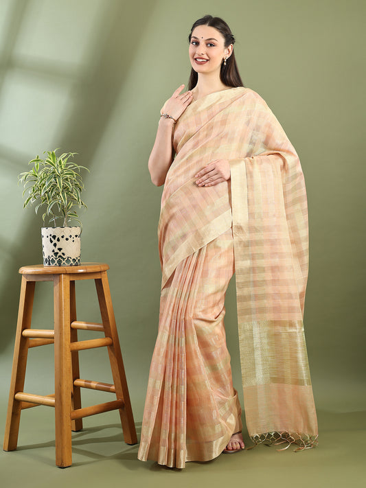 Peach Chanderi Silk Zari Striped Saree
