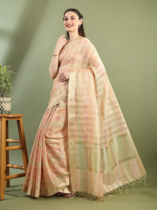 Peach Chanderi Silk Zari Striped Saree