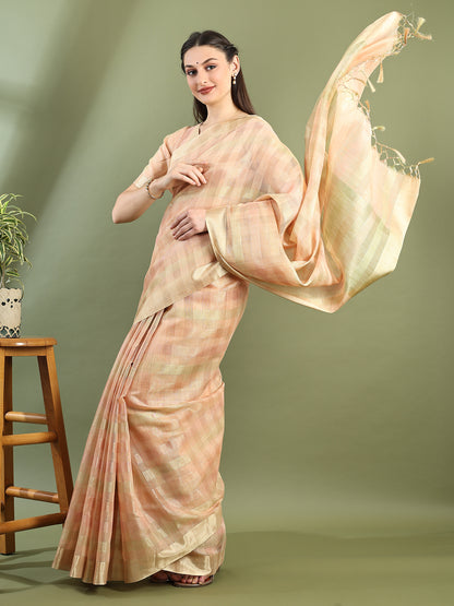 Peach Chanderi Silk Zari Striped Saree