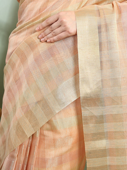 Peach Chanderi Silk Zari Striped Saree