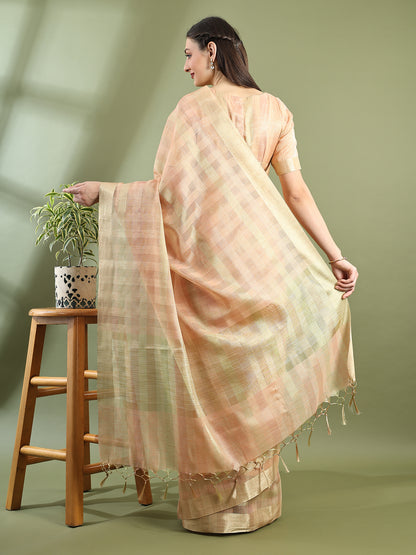 Peach Chanderi Silk Zari Striped Saree