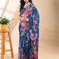 Blue Satin Georgette Floral Saree