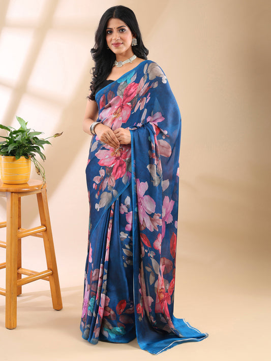 Blue Satin Georgette Floral Saree