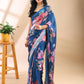 Blue Satin Georgette Floral Saree
