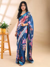 Blue Satin Georgette Floral Saree
