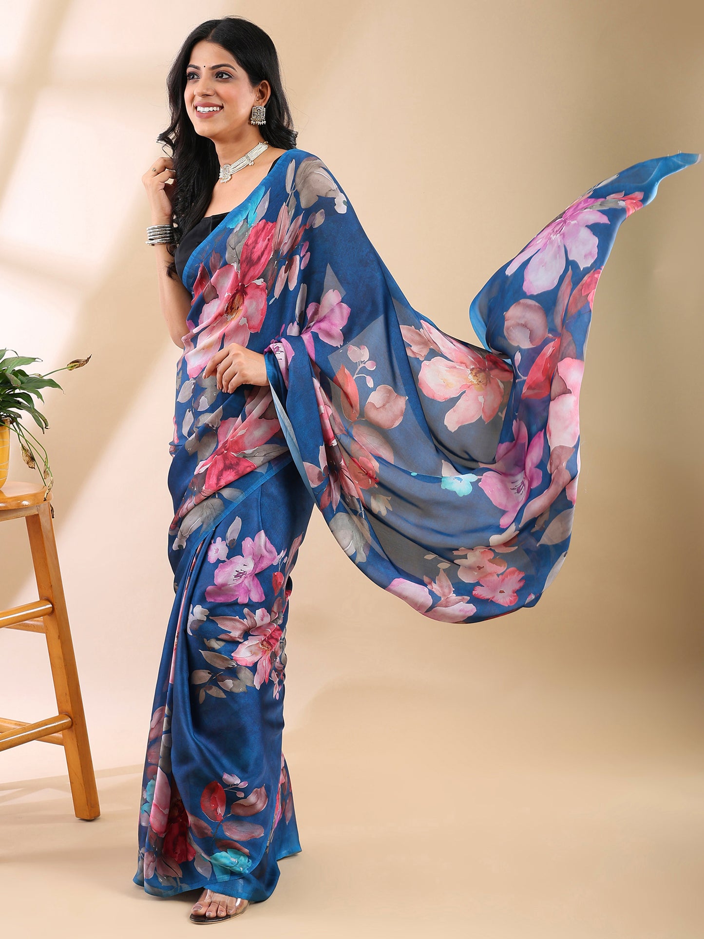 Blue Satin Georgette Floral Saree