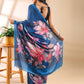 Blue Satin Georgette Floral Saree