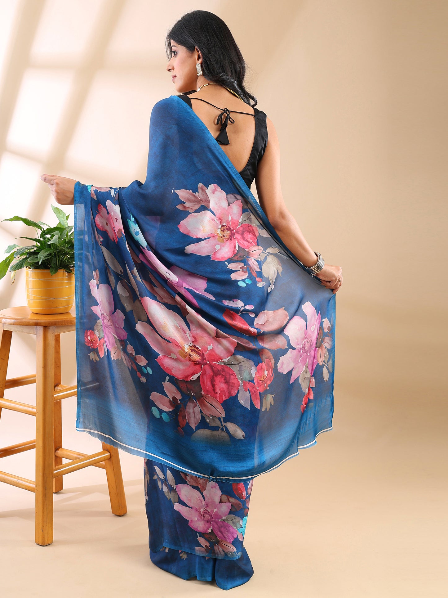 Blue Satin Georgette Floral Saree