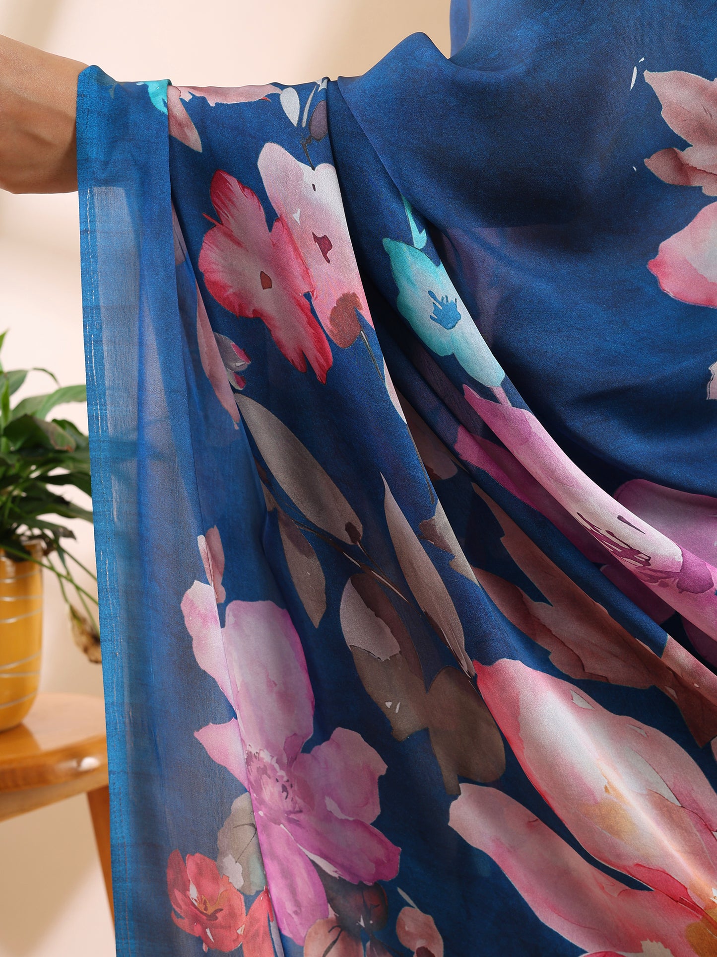Blue Satin Georgette Floral Saree