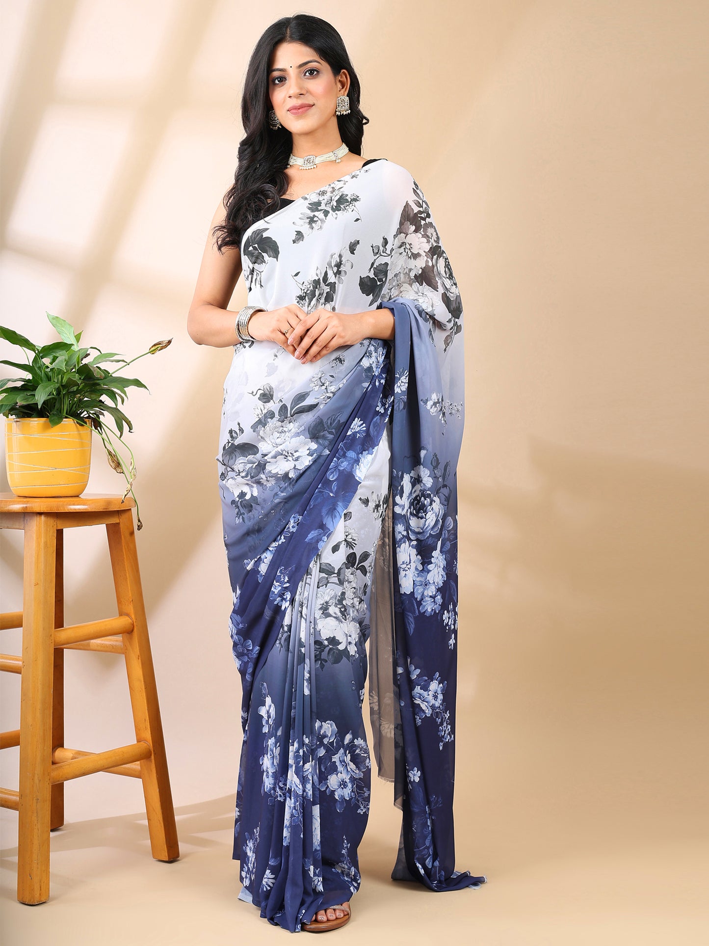 Blue & White Georgette Print Saree