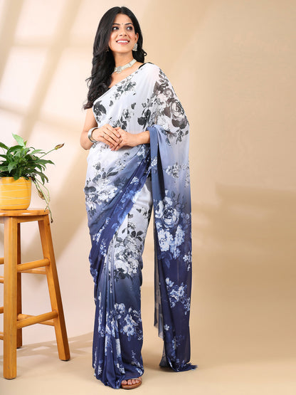 Blue & White Georgette Print Saree