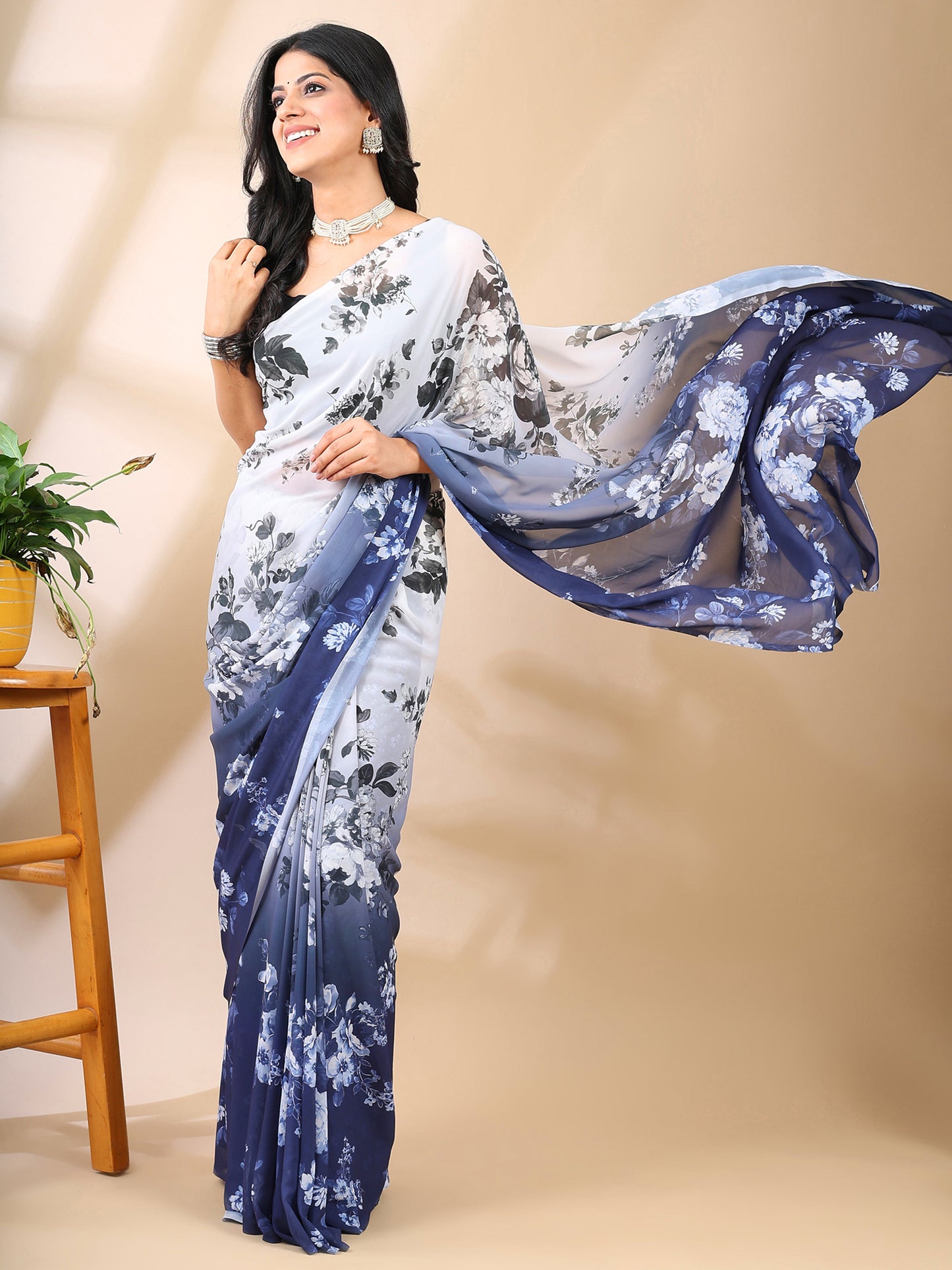 Blue & White Georgette Print Saree
