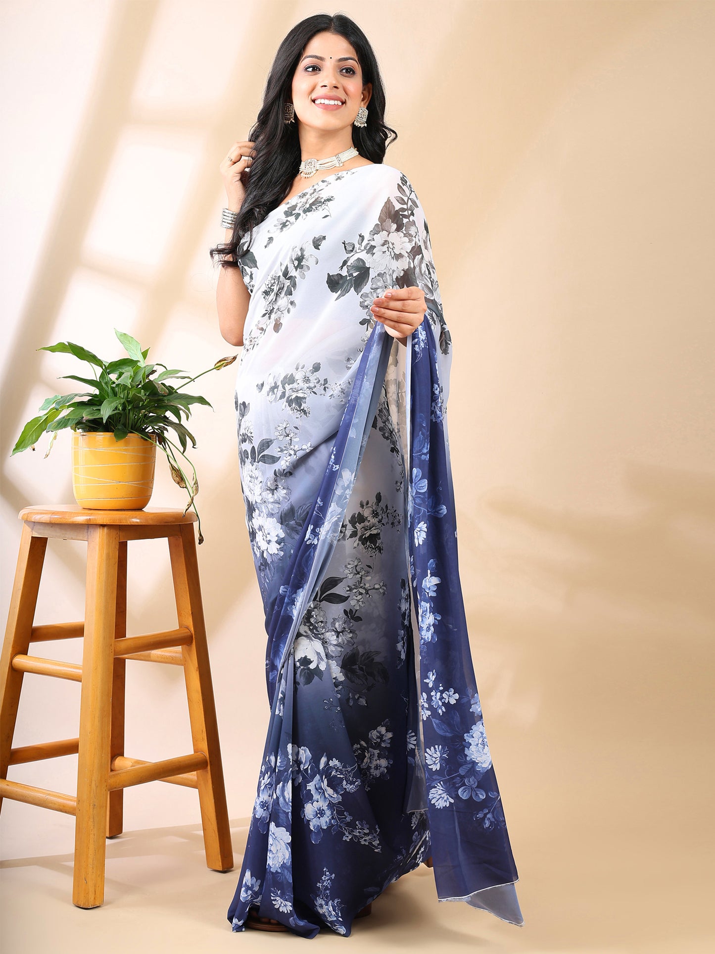 Blue & White Georgette Print Saree
