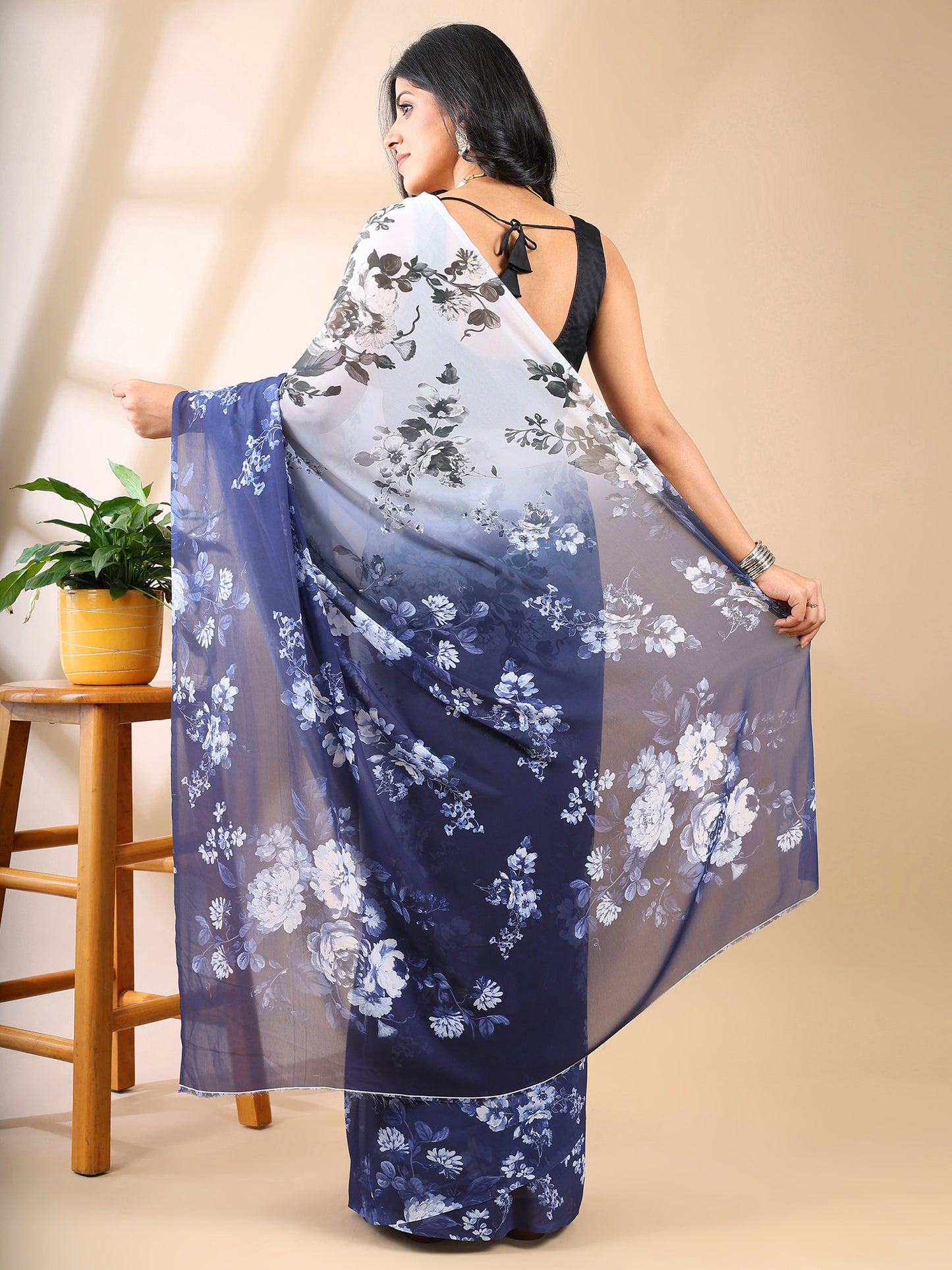 Blue & White Georgette Print Saree