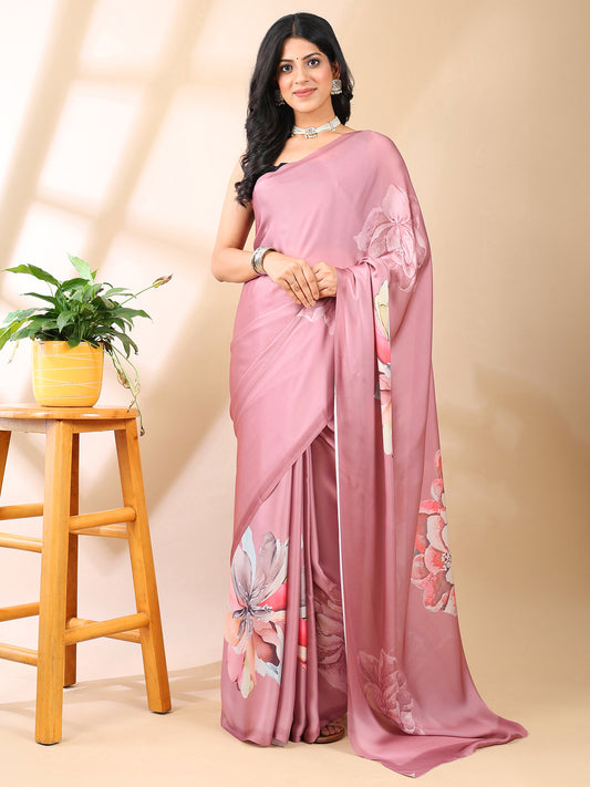 Rosy Pink Satin Georgette Saree