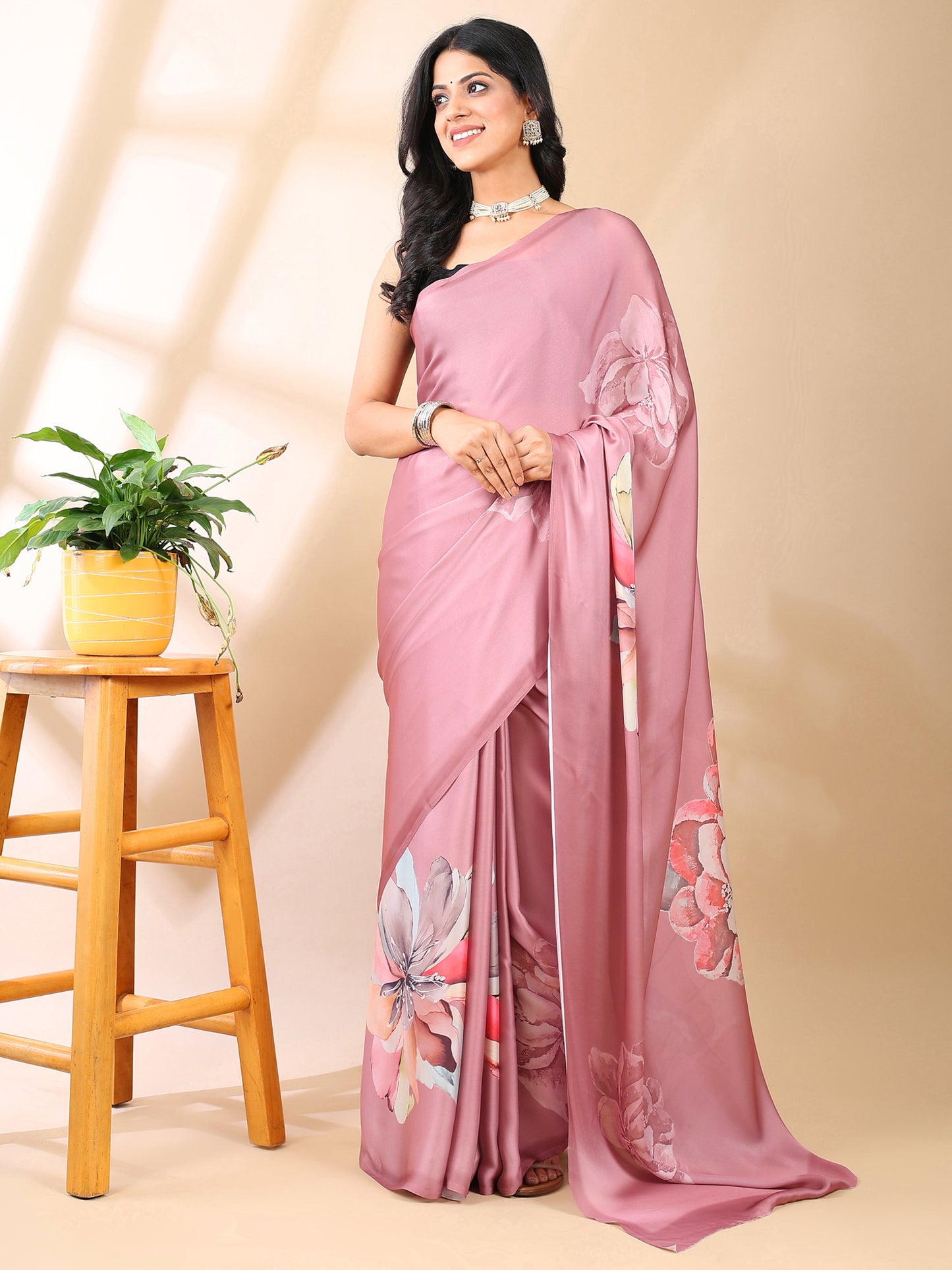 Rosy Pink Satin Georgette Saree