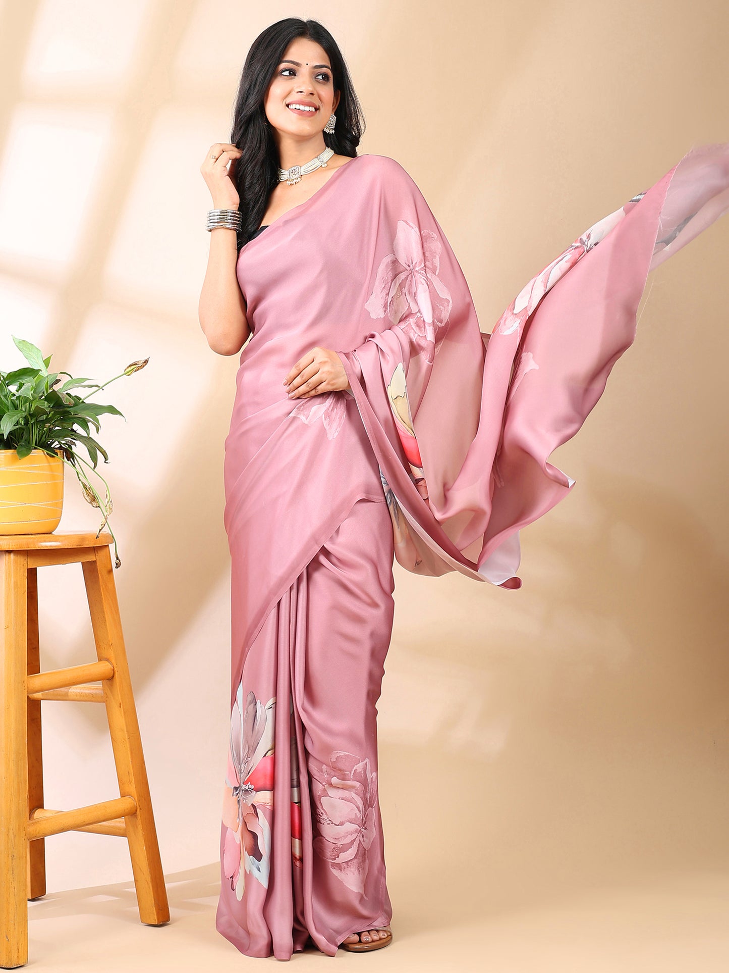 Rosy Pink Satin Georgette Saree