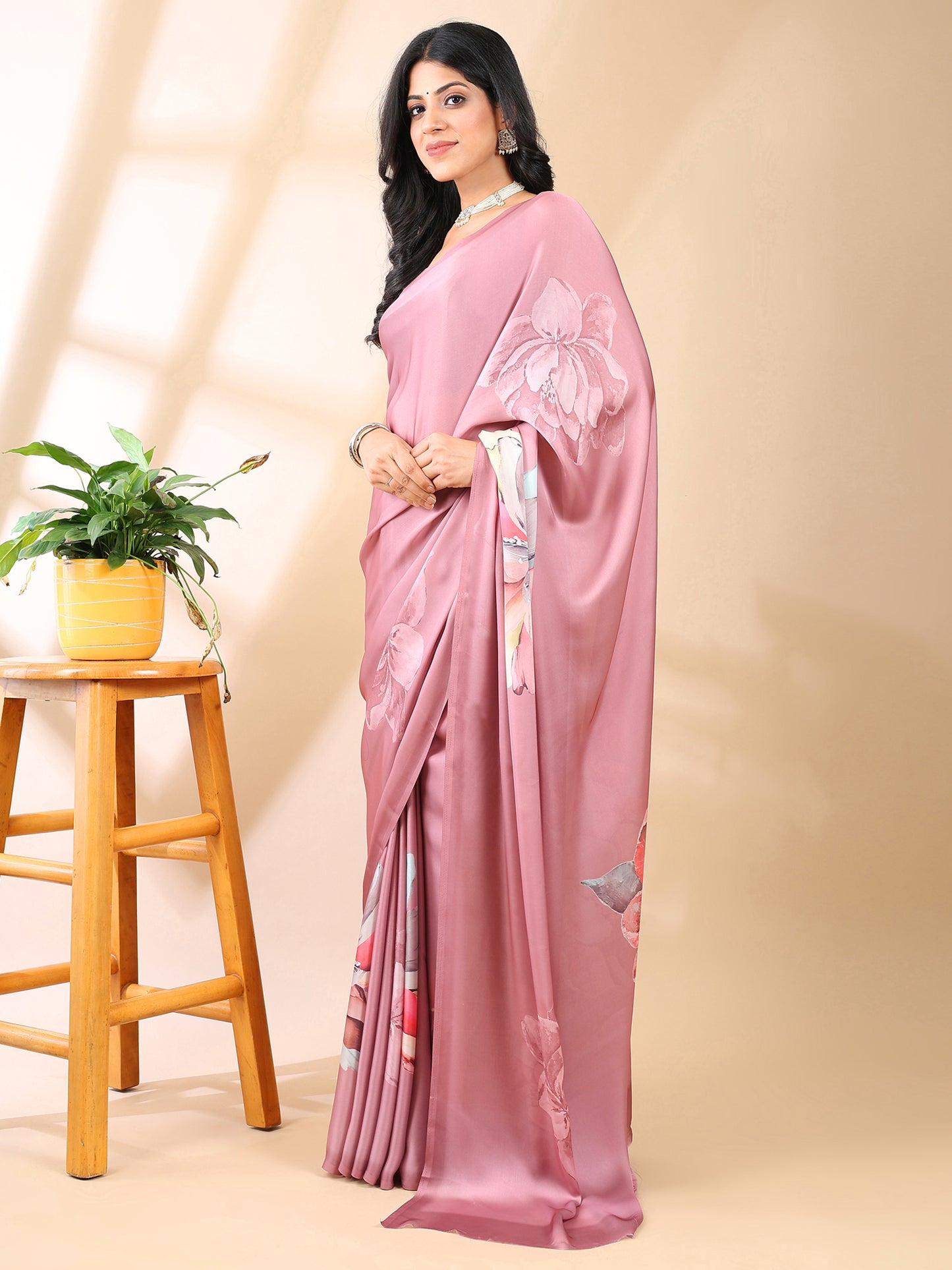 Rosy Pink Satin Georgette Saree