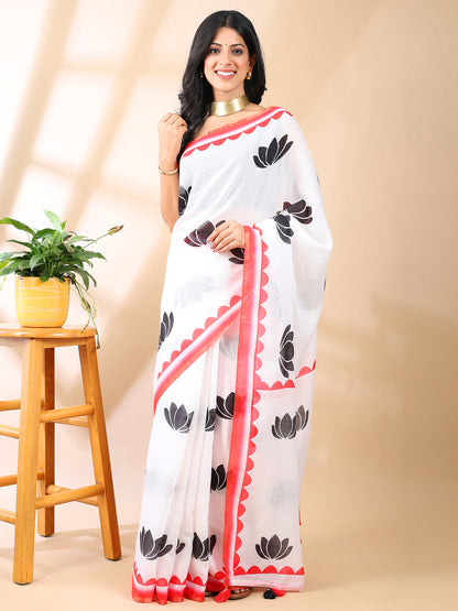 Linen Cotton Lotus Tapi Print Saree