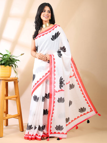 Linen Cotton Lotus Tapi Print Saree