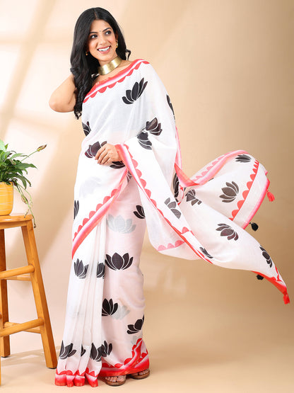Linen Cotton Lotus Tapi Print Saree